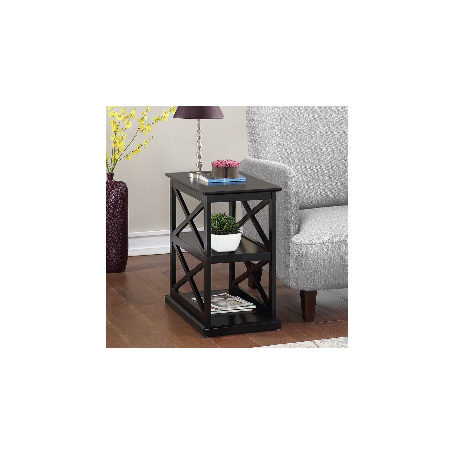 Coventry Chairside End Table with Shelves in Black Wood Finish and "X" Sides