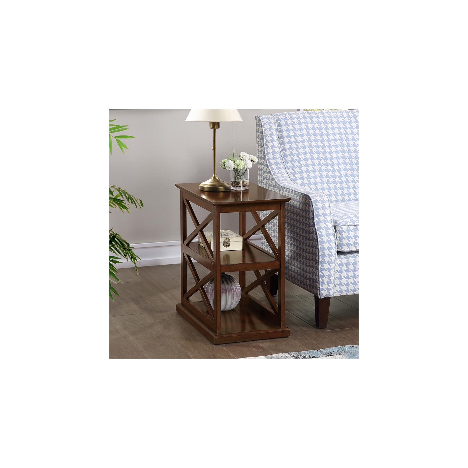 Coventry Chairside End Table with Shelves in Espresso Wood Finish with "X" Sides