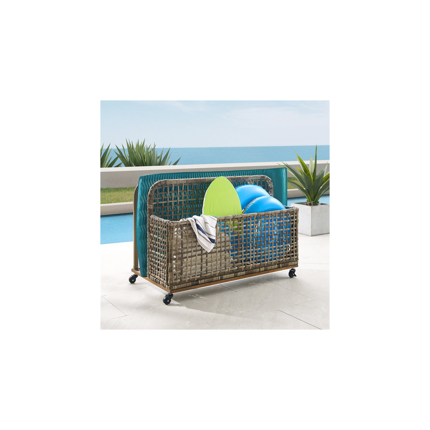 Afuera Living Coastal Coastal Wicker Outdoor Pool Storage Caddy in Gray/Brown