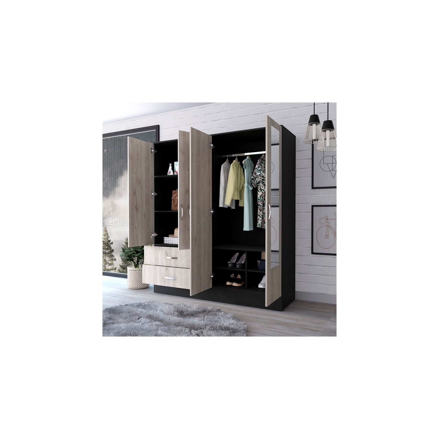 FM FURNITURE – Armoire miroir Florencia, bois d’ingénierie noir Wengue/gris clair