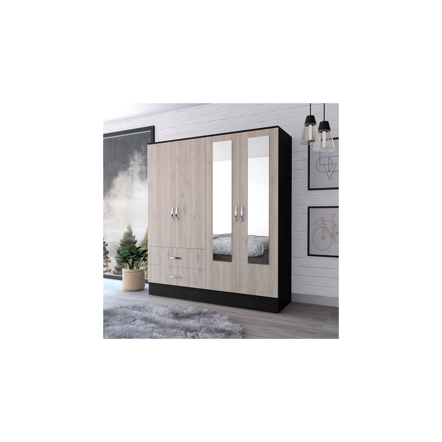 FM FURNITURE – Armoire miroir Florencia, bois d’ingénierie noir Wengue/gris clair