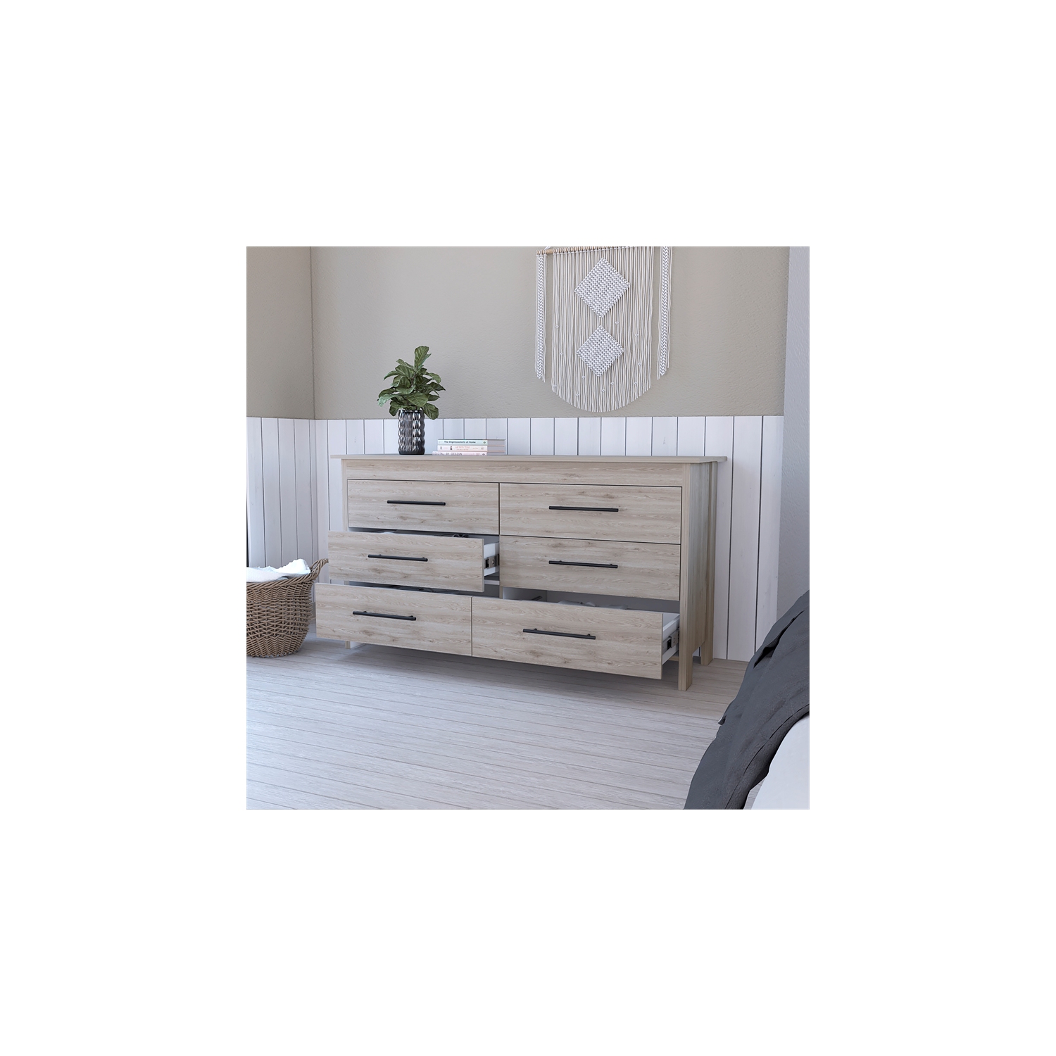 FM FURNITURE Luxor 6 Drawer Double Dresser Light Gray Engineered Wood