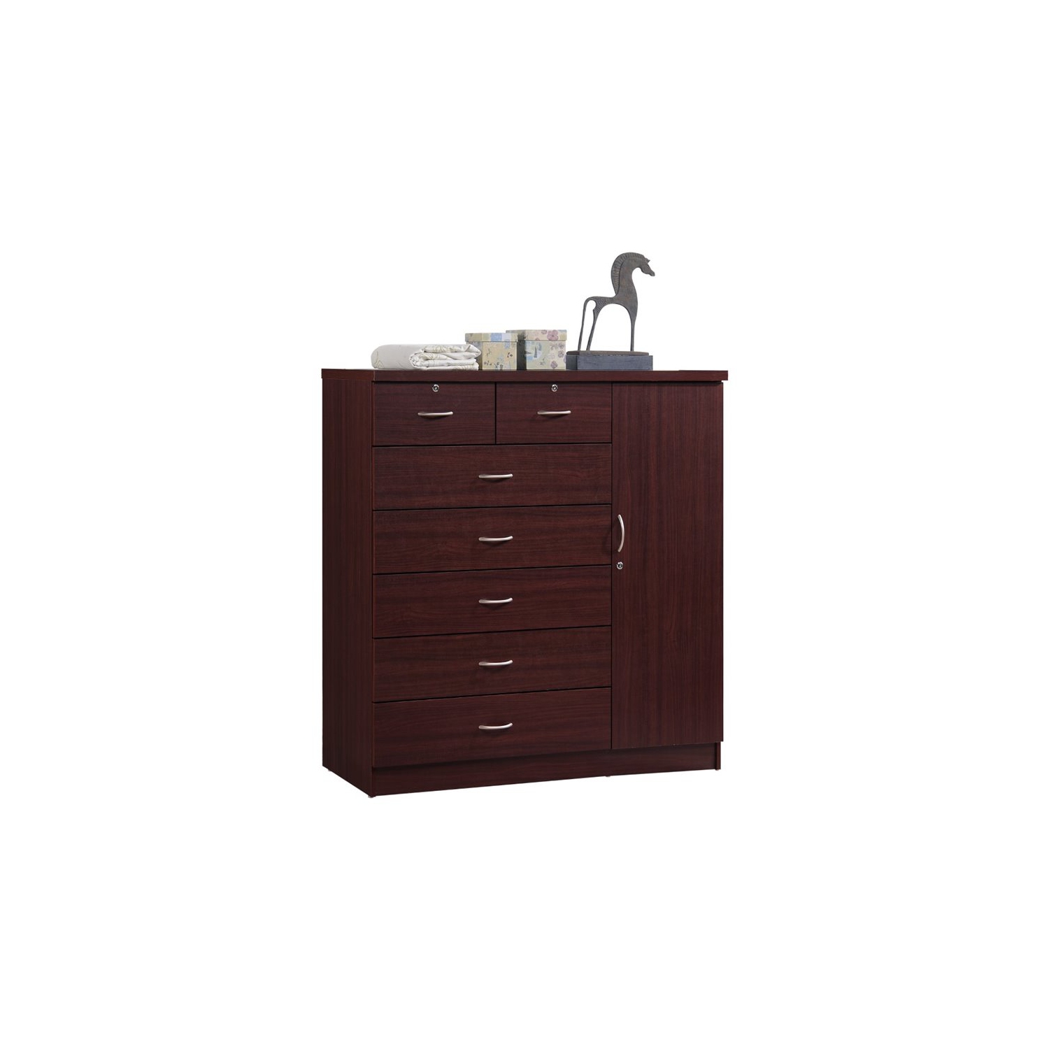 Bowery Hill 7 Drawer Chest with Locks on 2 Drawers and 1 Door in Mahogany Wood