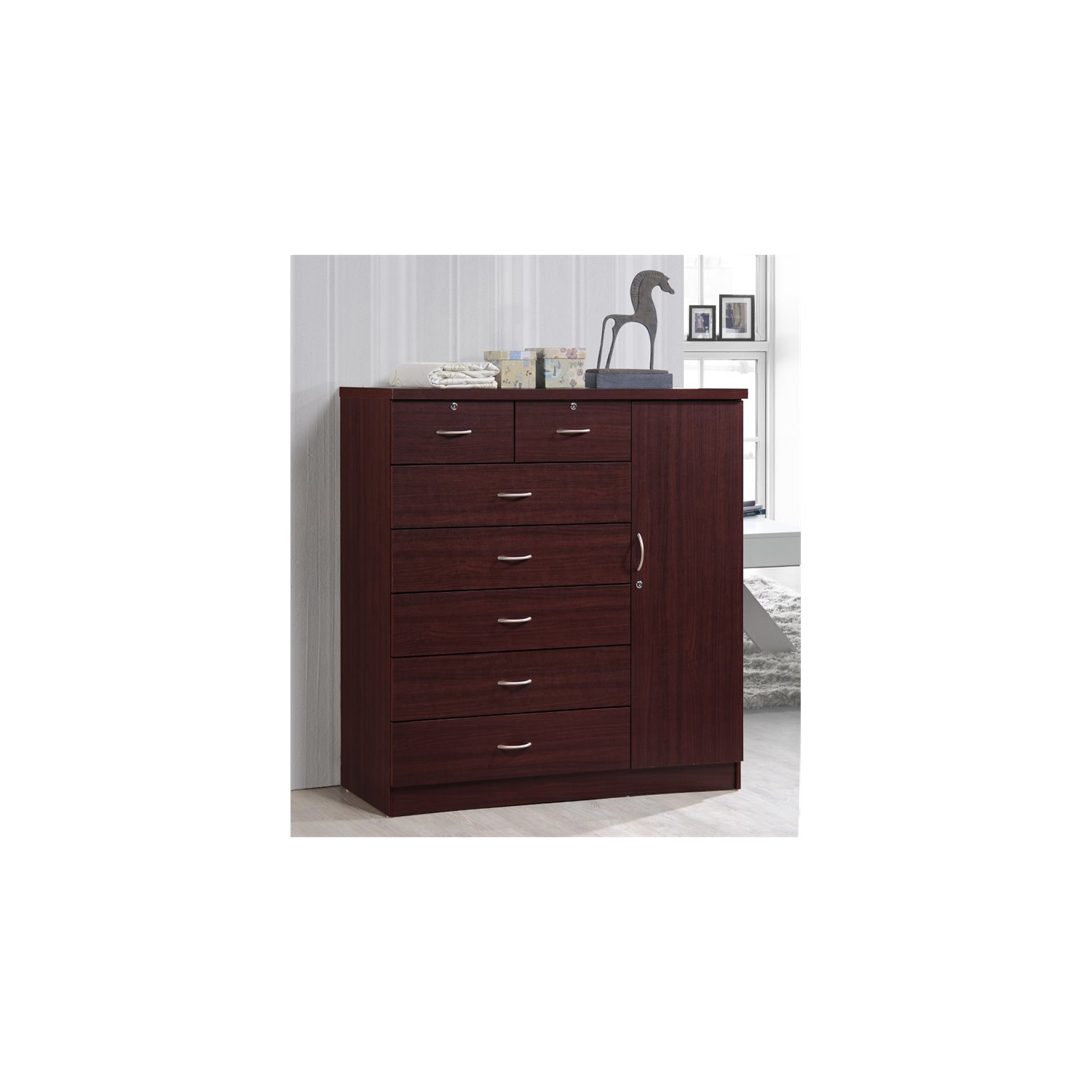 Bowery Hill 7 Drawer Chest with Locks on 2 Drawers and 1 Door in Mahogany Wood