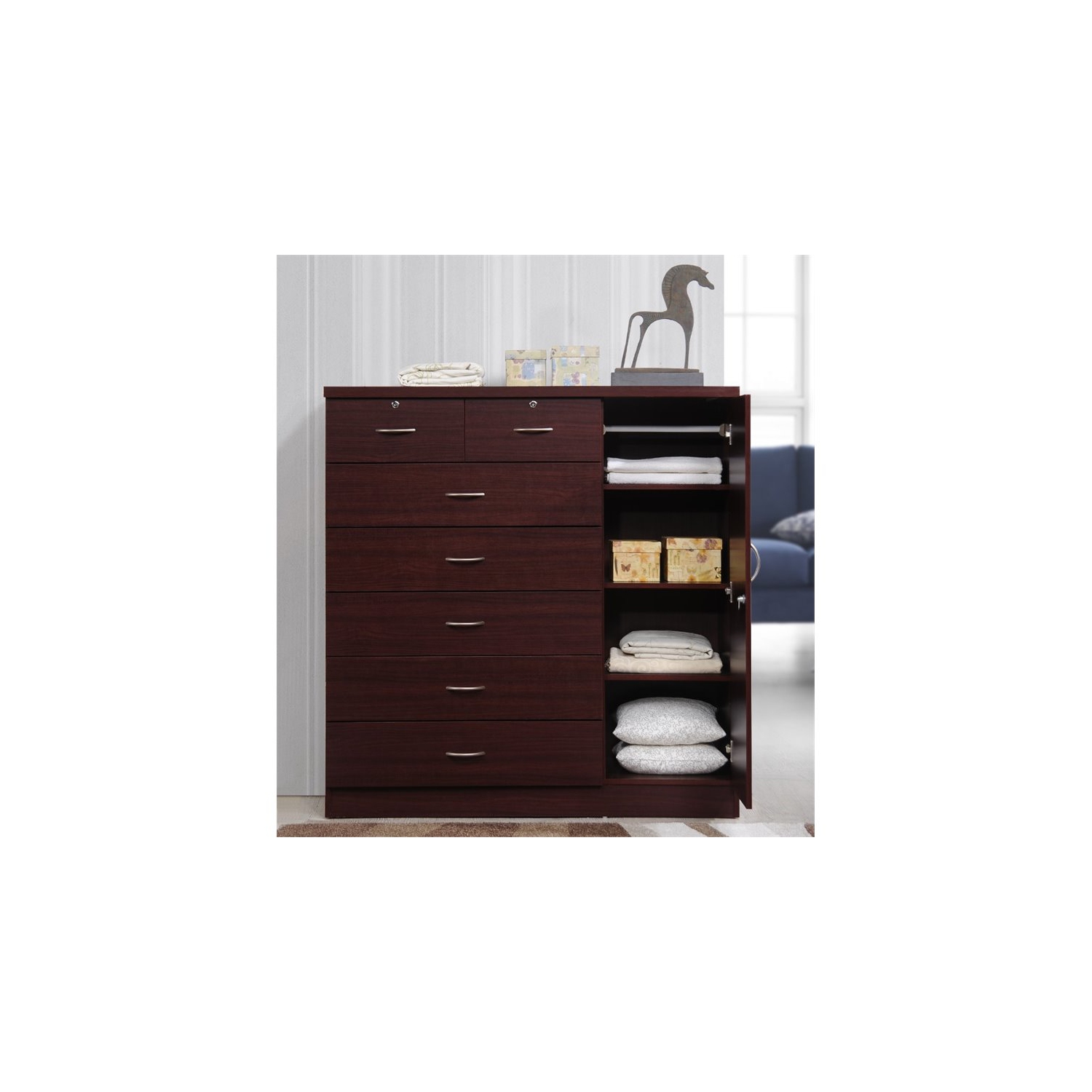 Bowery Hill 7 Drawer Chest with Locks on 2 Drawers and 1 Door in Mahogany Wood