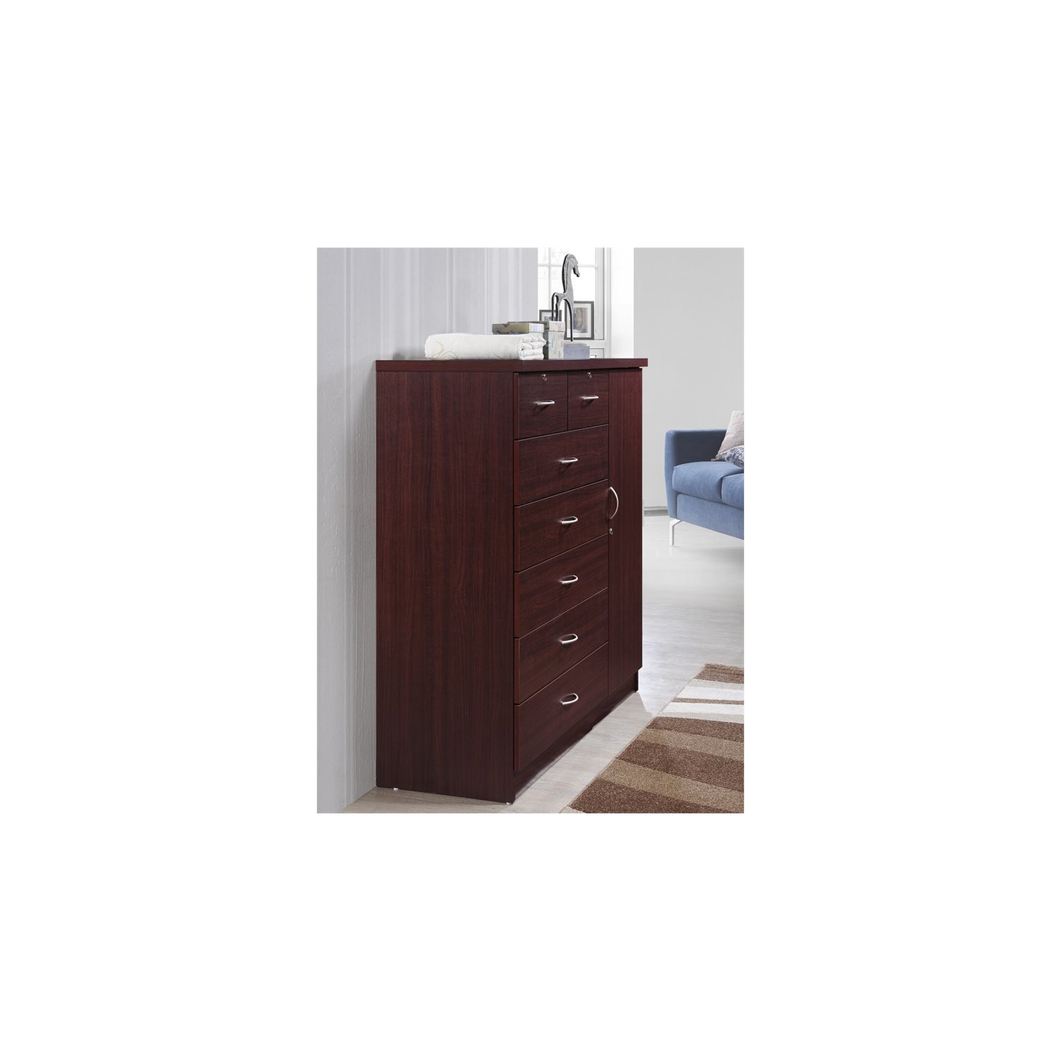 Bowery Hill 7 Drawer Chest with Locks on 2 Drawers and 1 Door in Mahogany Wood