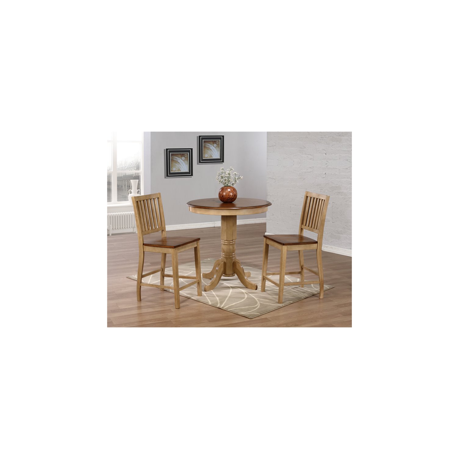 Ensemble pub rond 36 po/3 pièces/tabourets en bois à dossier à lattes Brook de Sunset Trading, crème