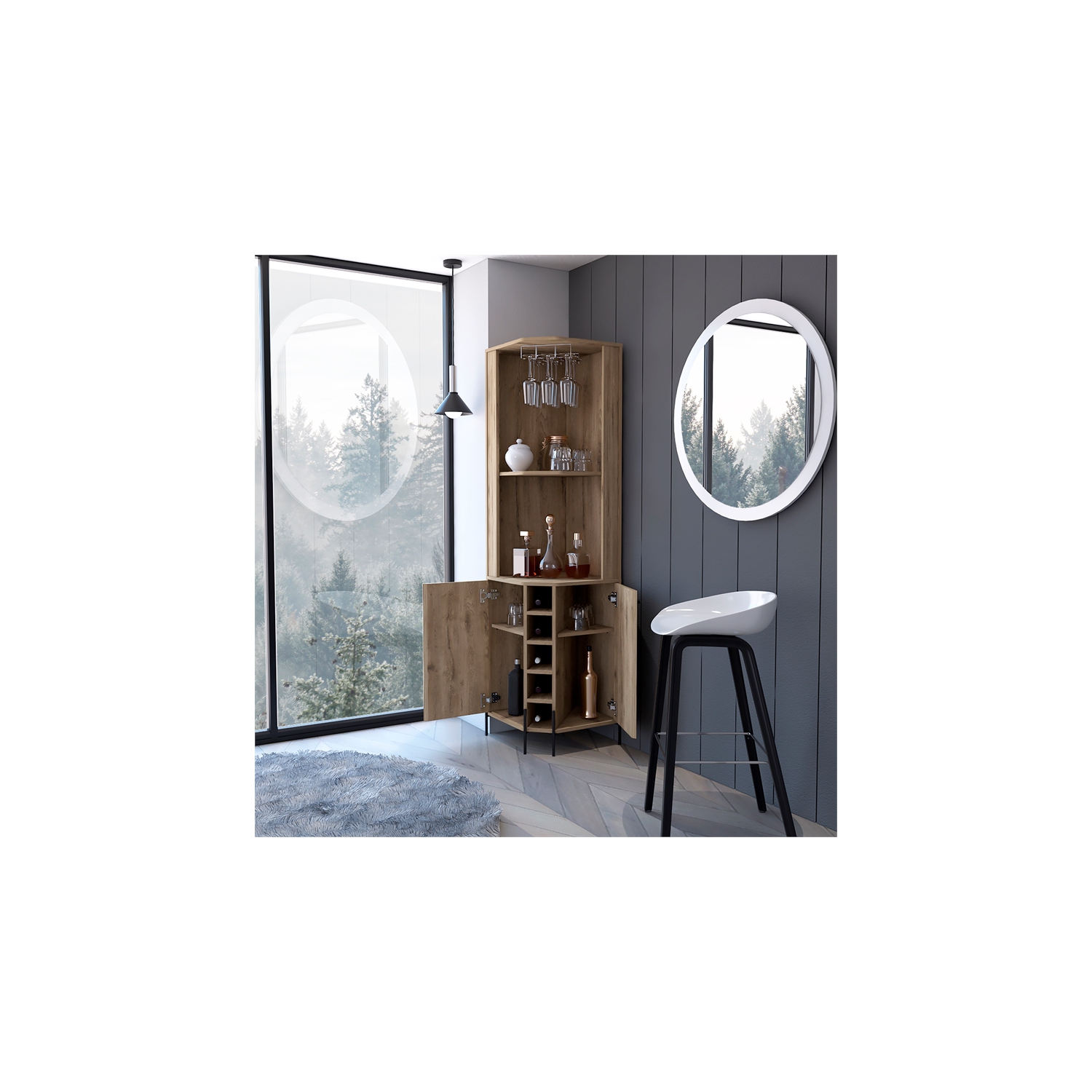 FM FURNITURE Reese Corner Bar Cabinet Macadamia Engineered Wood