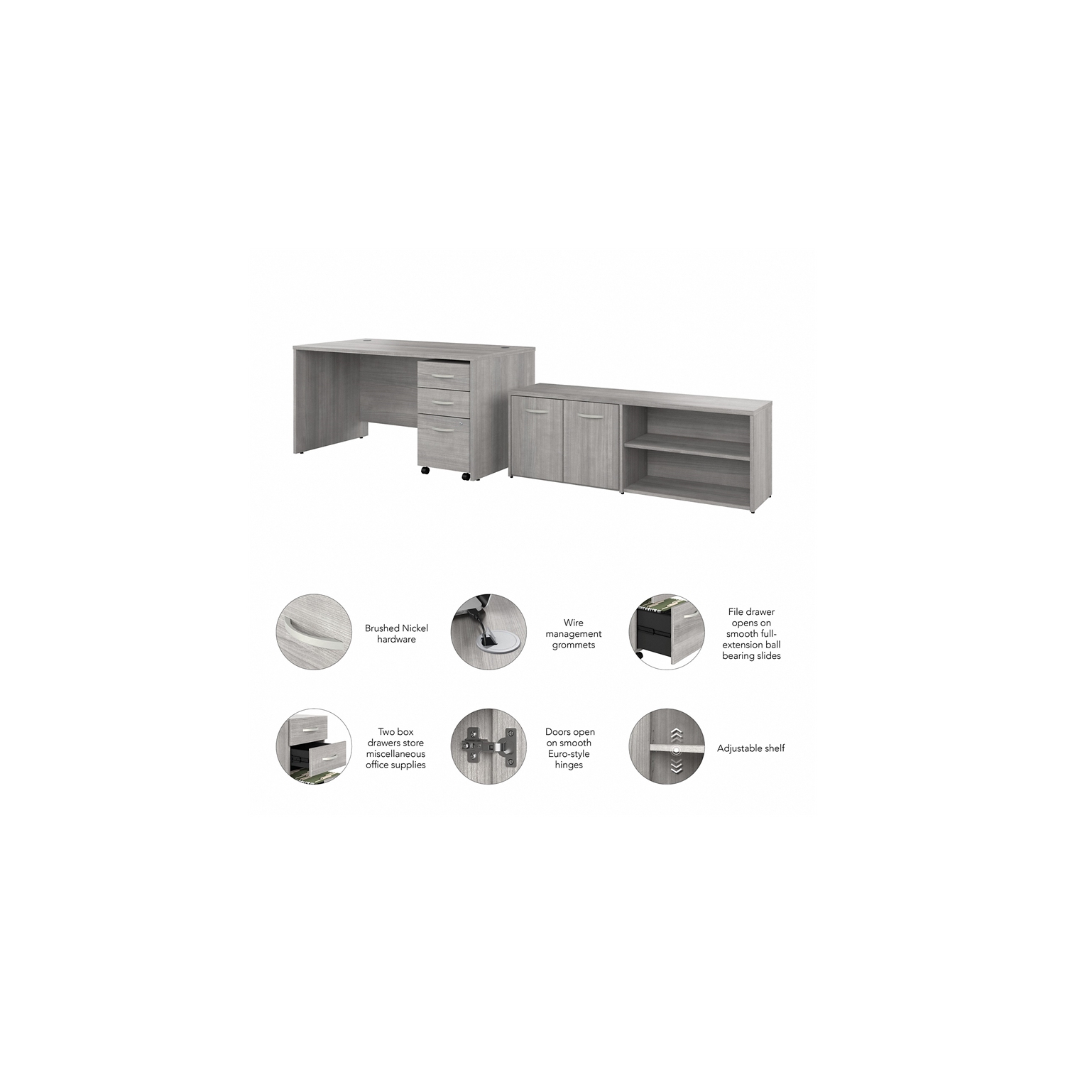 Studio C 60W Desk with Storage and Drawers in Platinum Gray - Engineered Wood