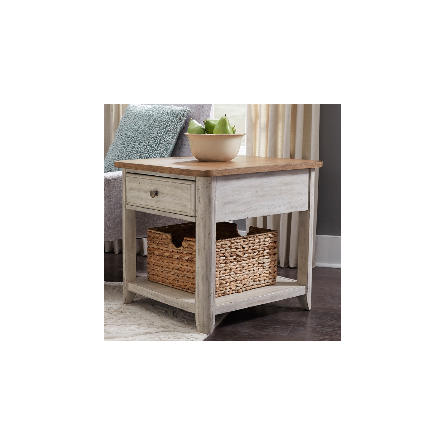 Farmhouse Reimagined White End Table with Basket