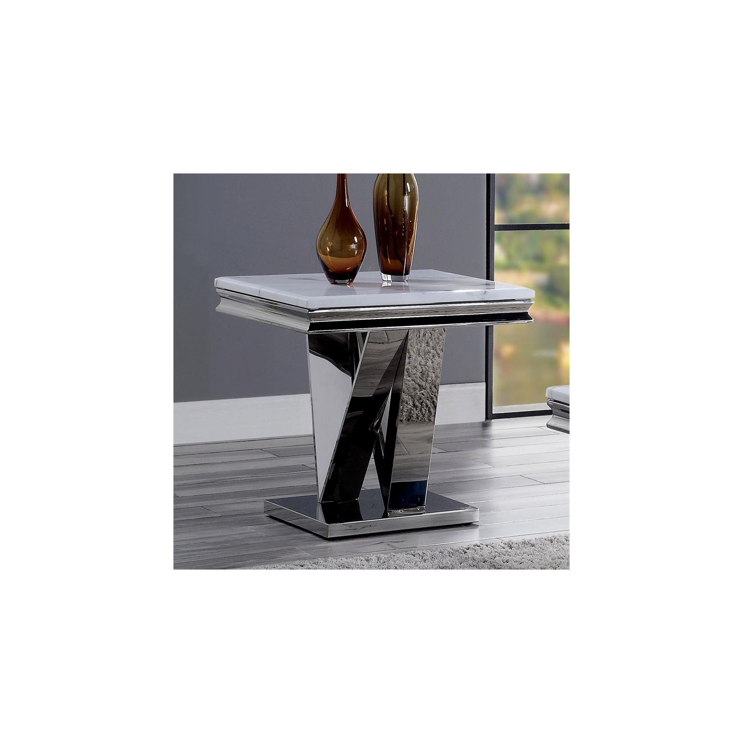 Furniture of America Mersa Glam Metal Pedestal End Table in Chrome