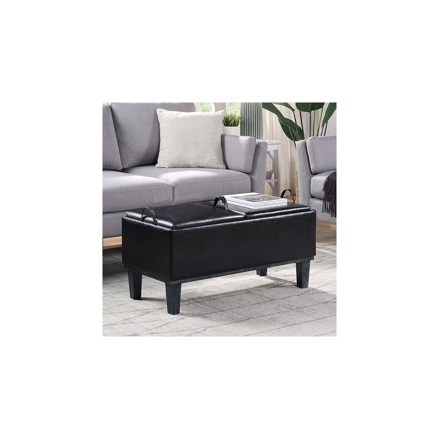 Designs4Comfort – Pouf de rangement Brentwood avec plateaux réversibles en tissu noir