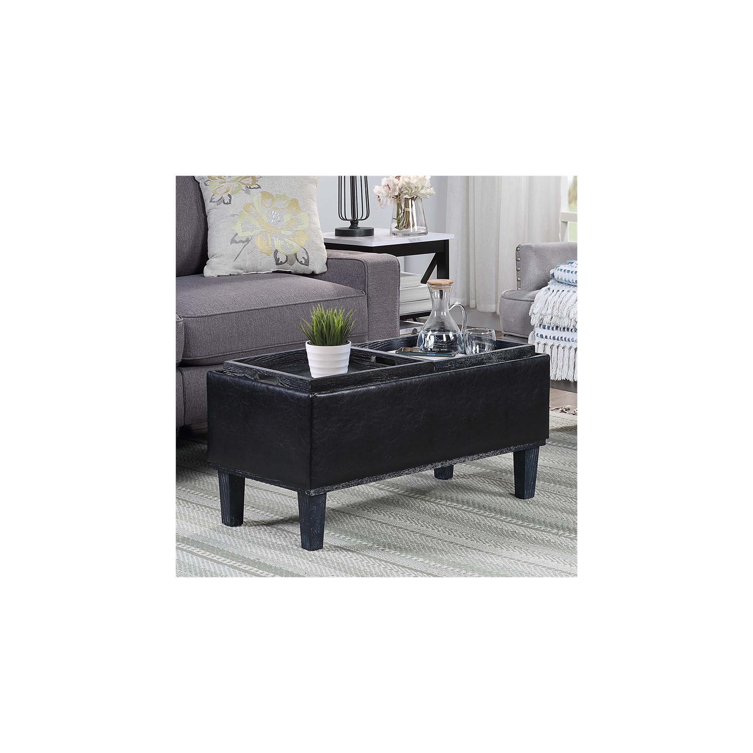 Designs4Comfort – Pouf de rangement Brentwood avec plateaux réversibles en tissu noir