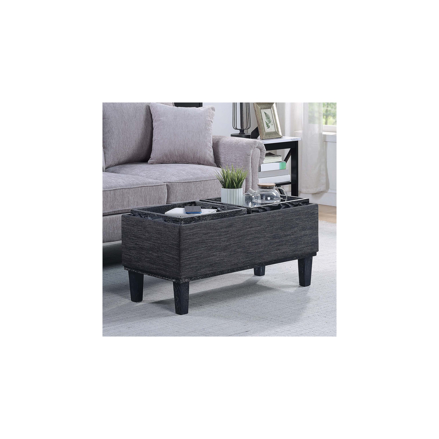 Designs4Comfort Brentwood Storage Ottoman with Reversible Trays in Gray Fabric