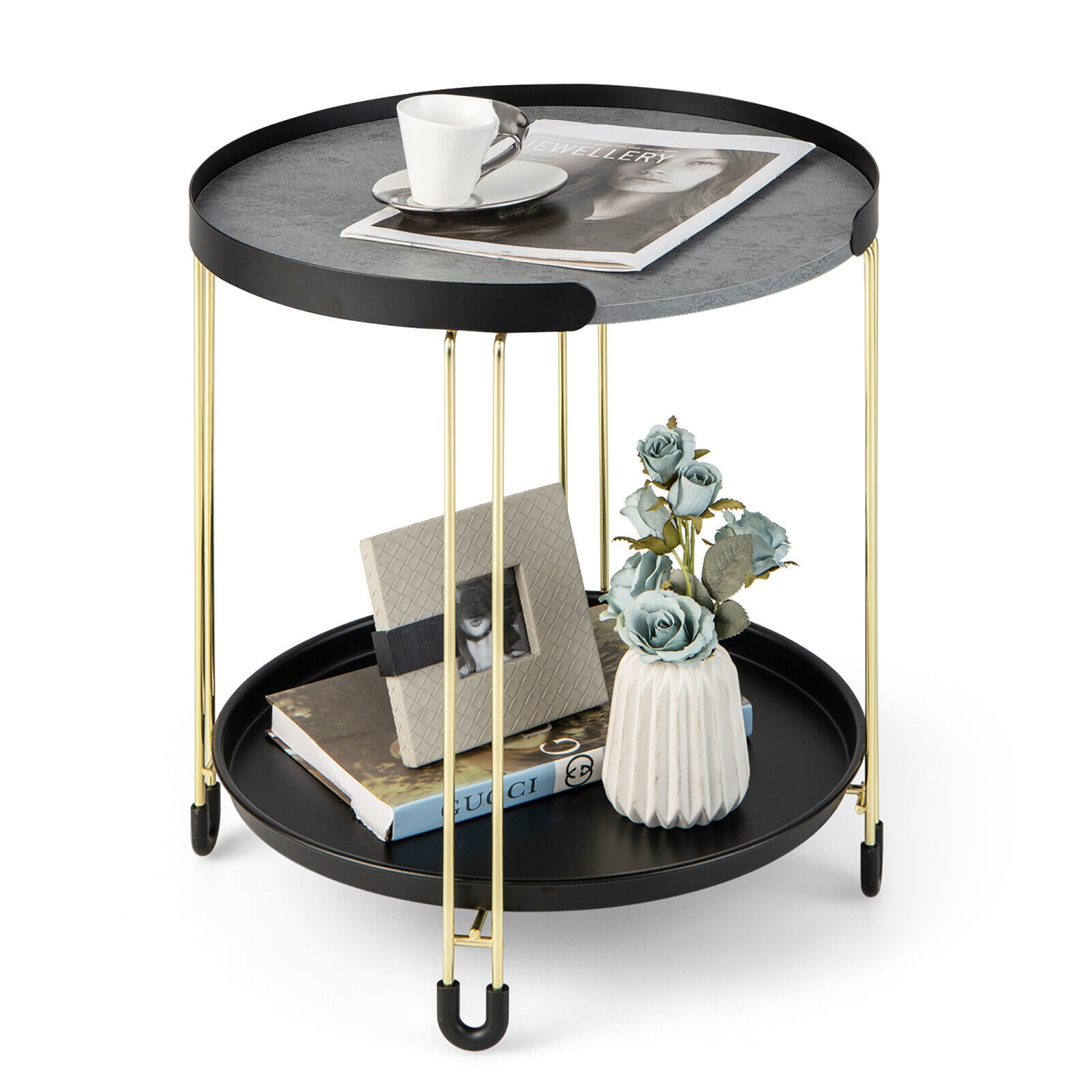Gymax 2-Tier Side End Table Round Nightstand Gold Frame for Living Room Bedroom