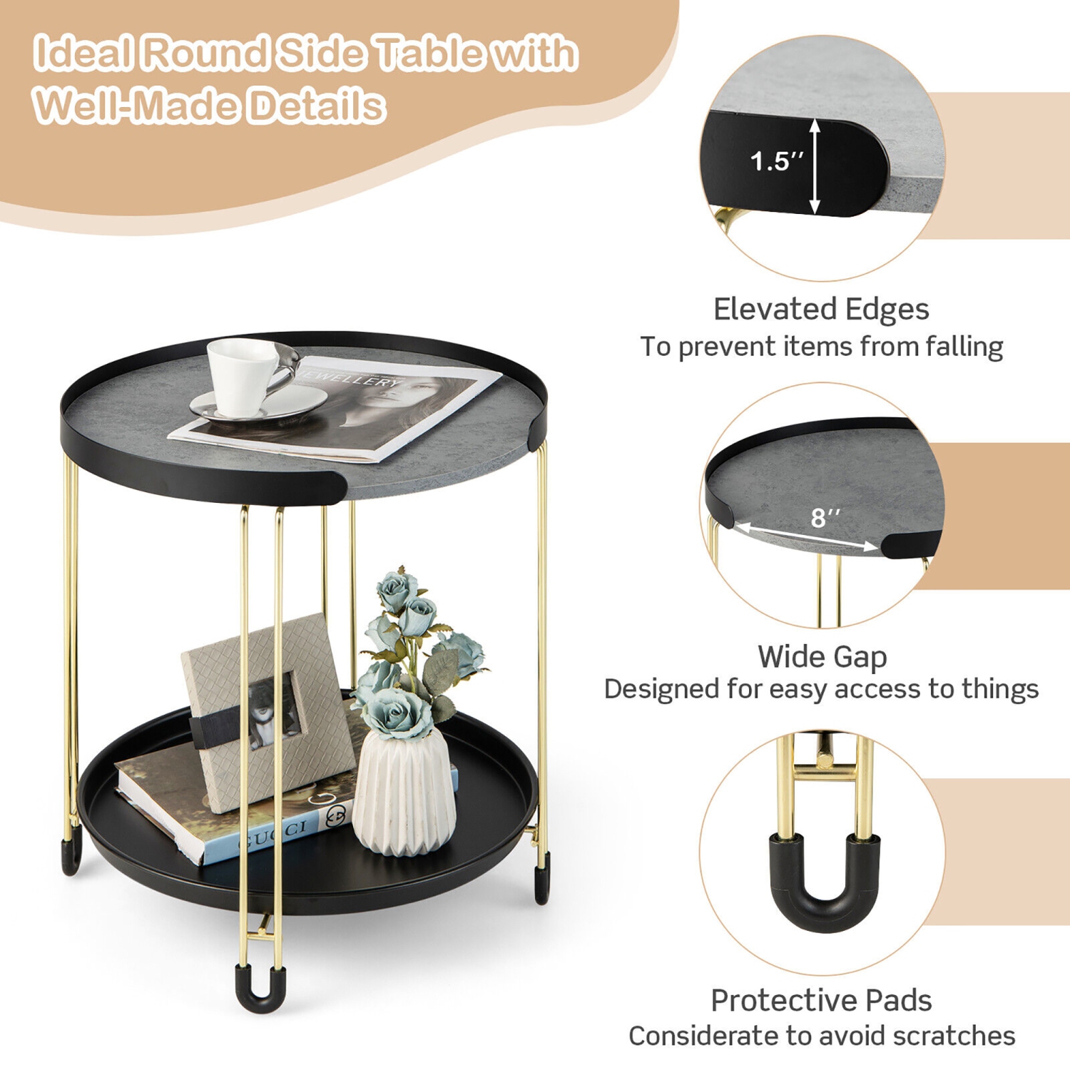 Gymax 2-Tier Side End Table Round Nightstand Gold Frame for Living Room Bedroom