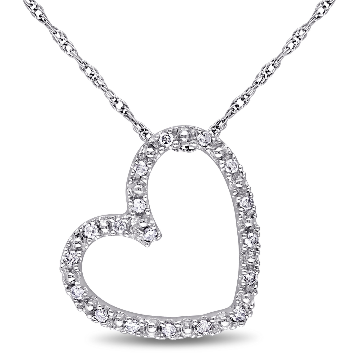 Chaîne en or blanc 10 ct et pendentif en coeur avec diamant blanc rond de 0,09 ct I2-I3