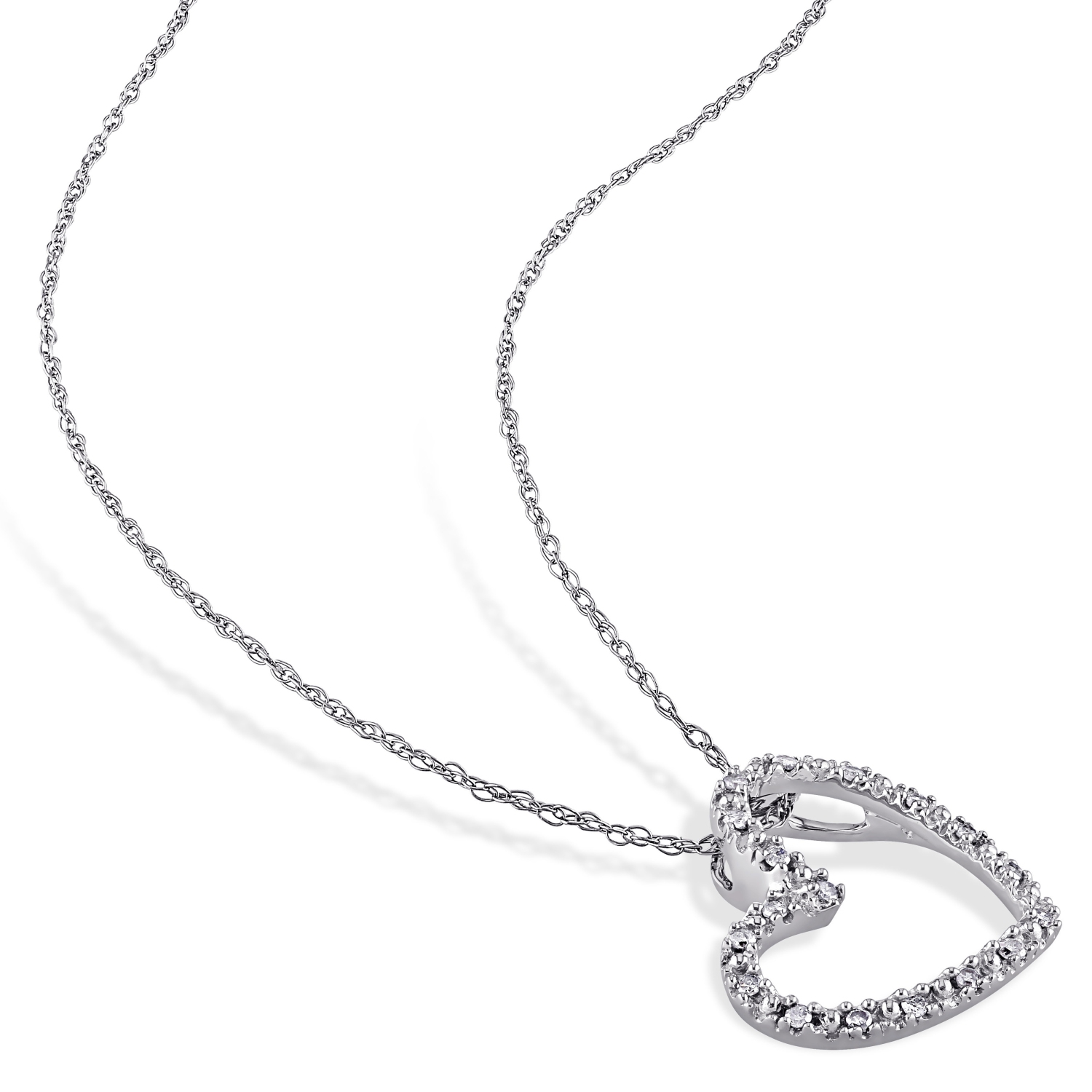 Chaîne en or blanc 10 ct et pendentif en coeur avec diamant blanc rond de 0,09 ct I2-I3