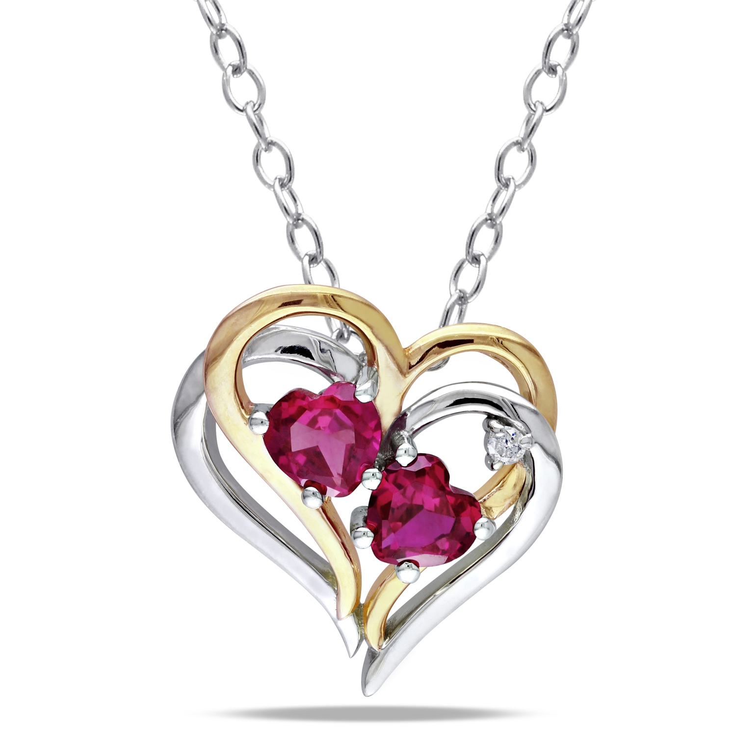 Modern Sterling Silver Chain and Sterling Silver Heart Pendant with Red Ruby & 0.02ctw Diamonds