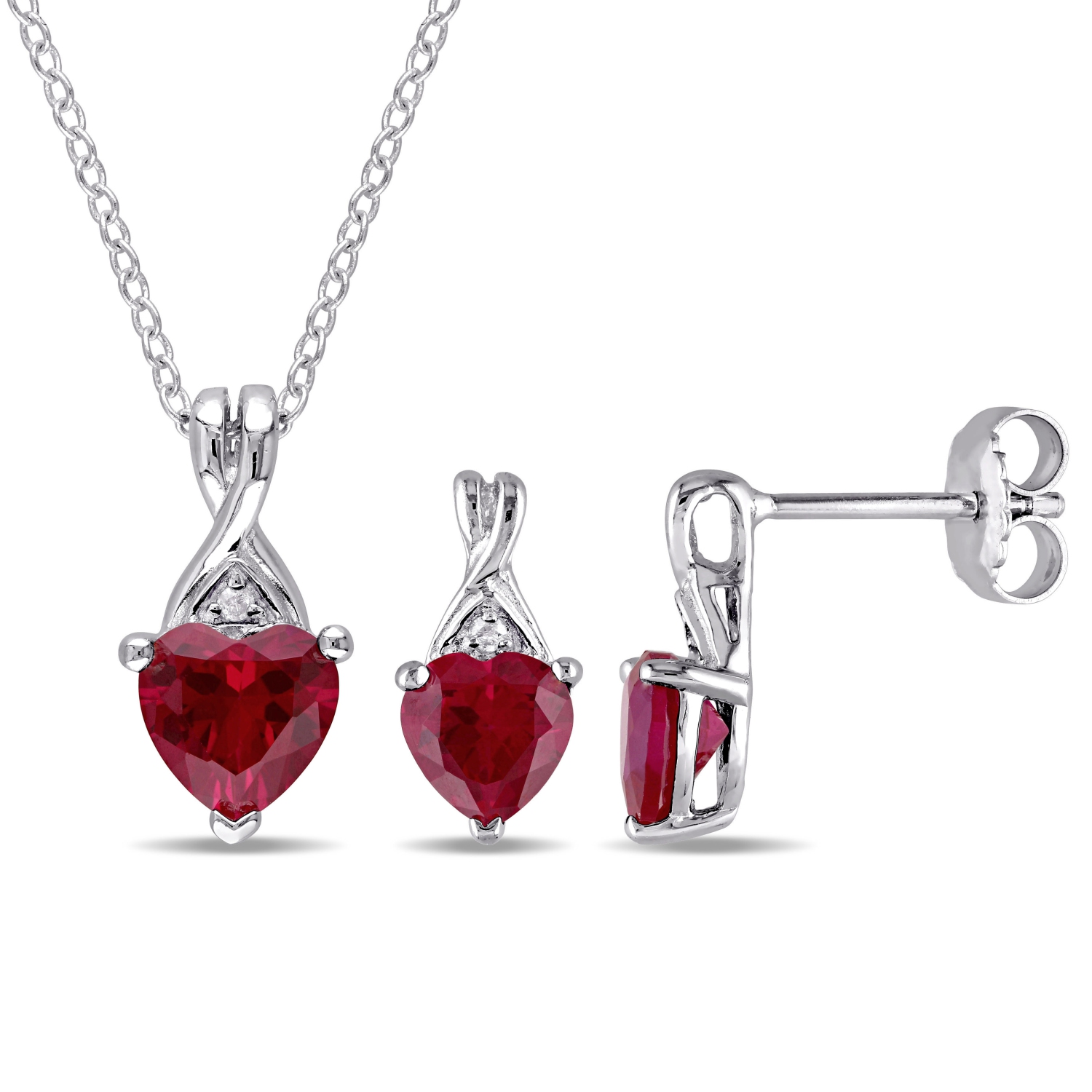 Sterling Silver with Red Heart Created Ruby & 0.03ctw Diamond Pendant Necklace & Drop Earrings Set