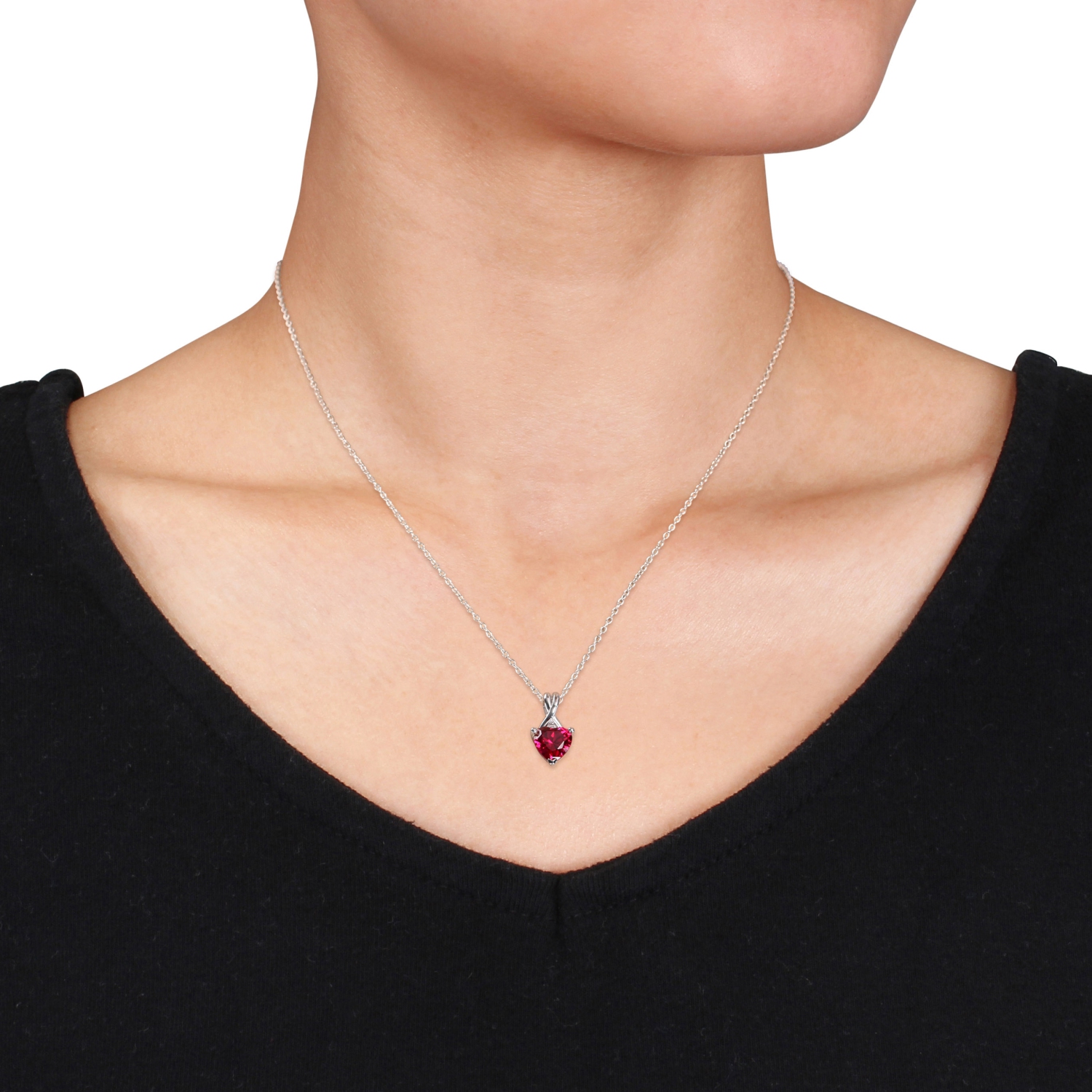 Sterling Silver with Red Heart Created Ruby & 0.03ctw Diamond Pendant Necklace & Drop Earrings Set