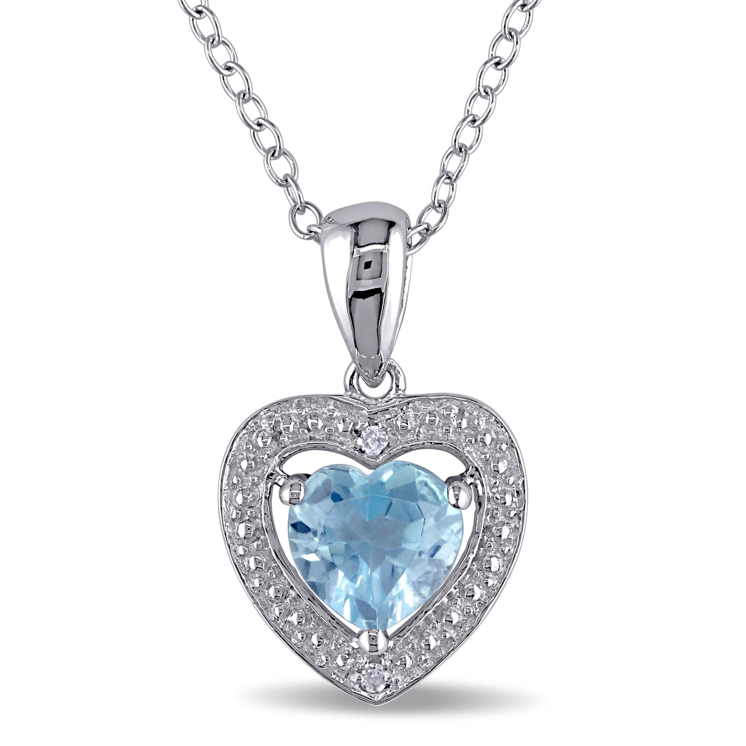 Modern Sterling Silver Chain and Sterling Silver Heart Pendant with Blue  Topaz & 0.01ctw Diamonds