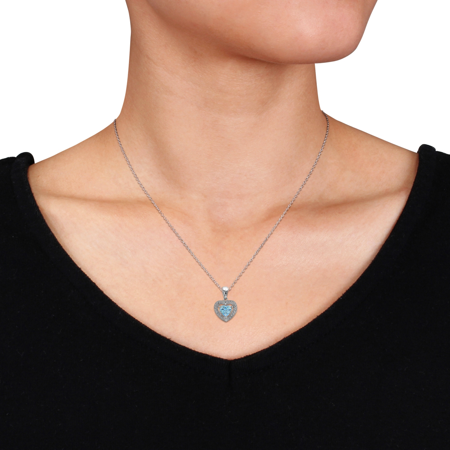 Modern Sterling Silver Chain and Sterling Silver Heart Pendant with Blue  Topaz & 0.01ctw Diamonds