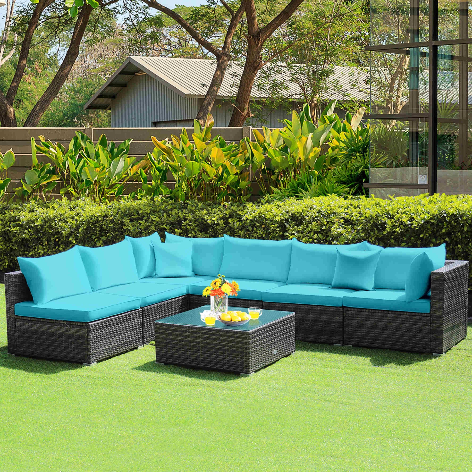 Costway 7PCS Patio Rattan Furniture Set Sectional Sofa Cushioned Garden
