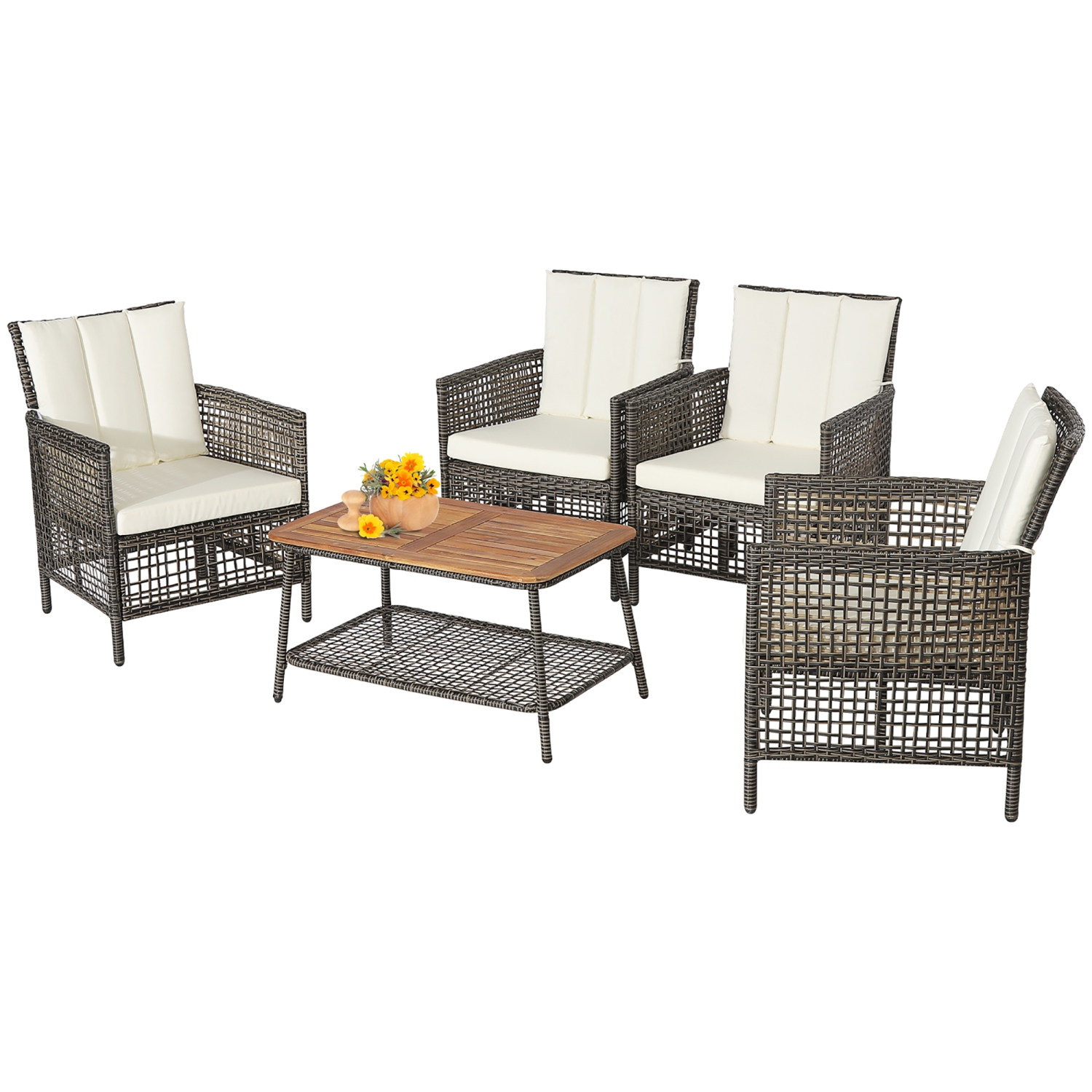 Costway 5PCS Patio Rattan Furniture Set Cushioned Sofa Armrest Wooden Tabletop