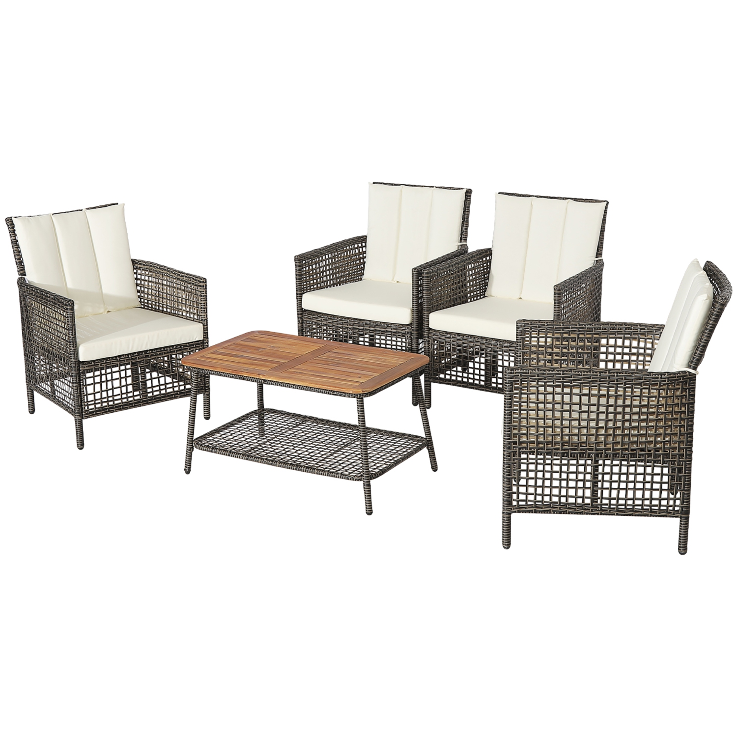 Costway 5PCS Patio Rattan Furniture Set Cushioned Sofa Armrest Wooden Tabletop