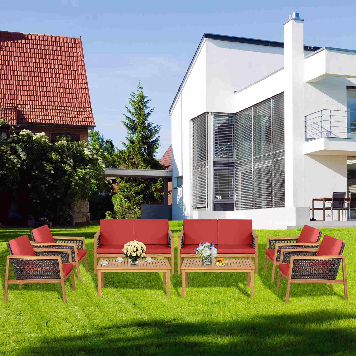 Costway 8PCS Patio Rattan Furniture Set Acacia Wood Cushioned Sofa