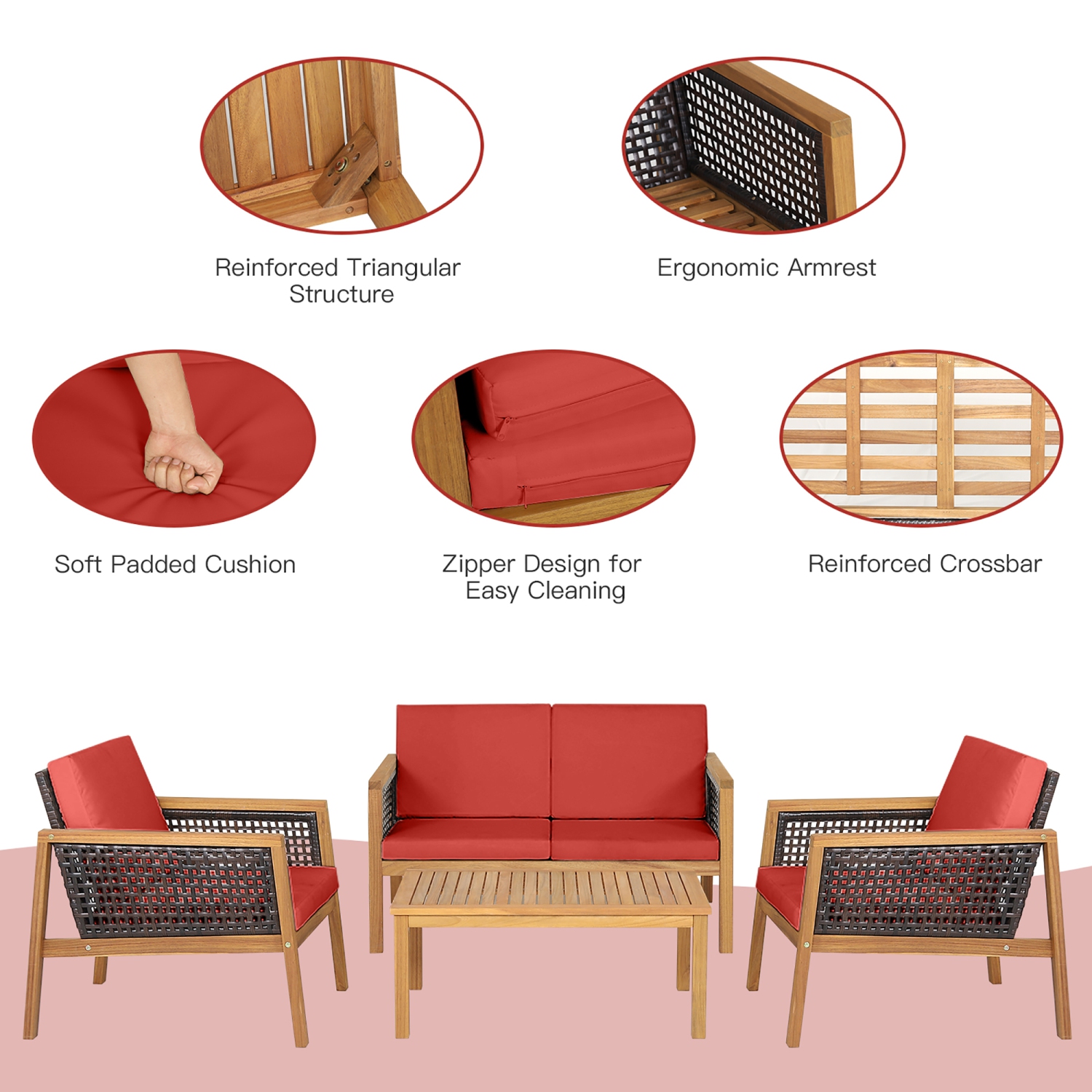 Costway 8PCS Patio Rattan Furniture Set Acacia Wood Cushioned Sofa