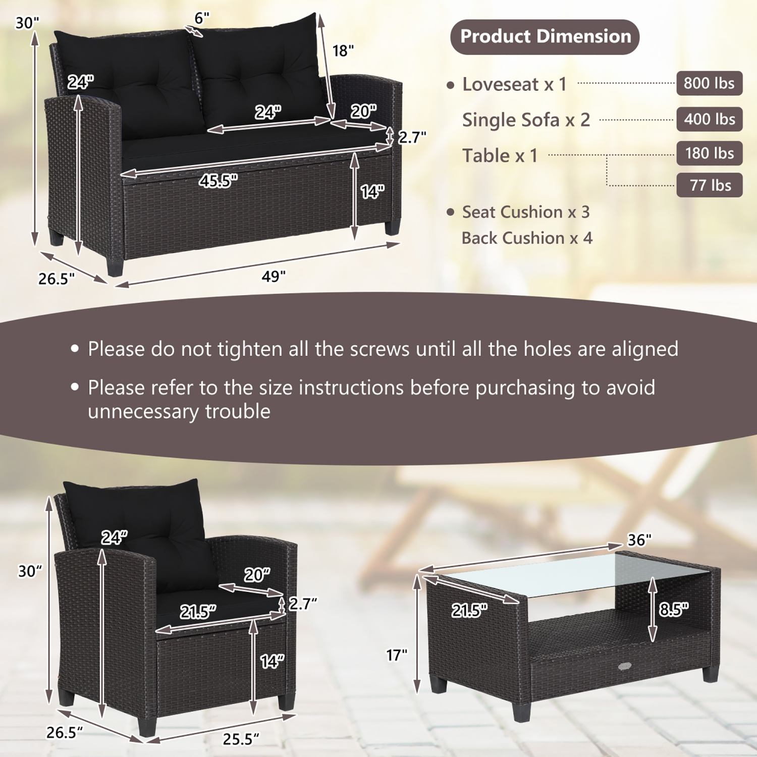 Costway 8 PCS Patio Rattan Furniture Set Glass Table Shelf Sofa Cushion