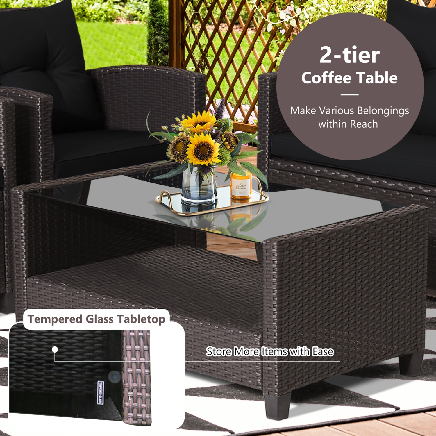 Costway 8 PCS Patio Rattan Furniture Set Glass Table Shelf Sofa Cushion
