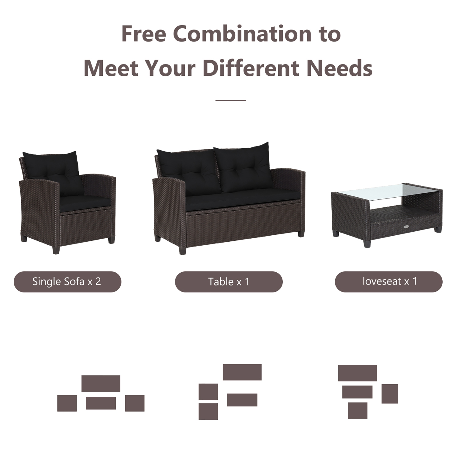 Costway 8 PCS Patio Rattan Furniture Set Glass Table Shelf Sofa Cushion