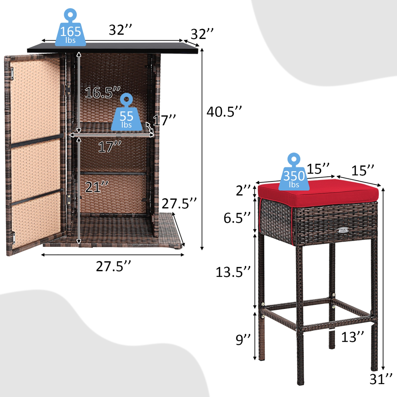 Ensemble de 5 tabourets de table de bar en rotin de Costway rembourrés avec tablette de rangement dissimulée