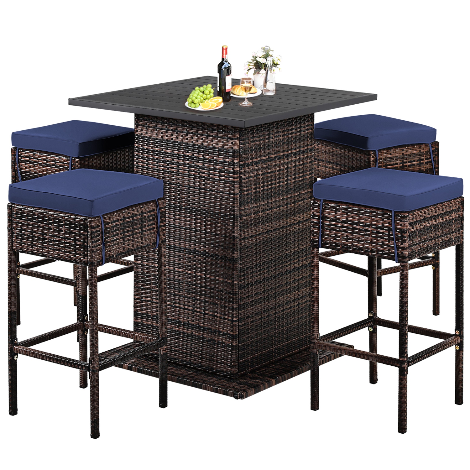 Costway 5PCS Patio Rattan Bar Table Stool Set Hidden Storage Shelf Cushioned