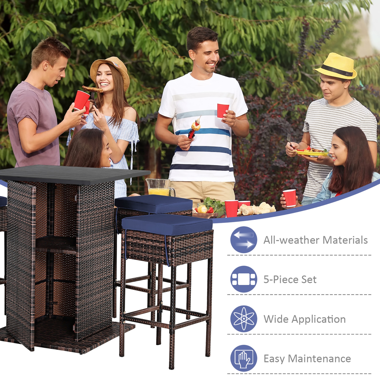Costway 5PCS Patio Rattan Bar Table Stool Set Hidden Storage Shelf Cushioned