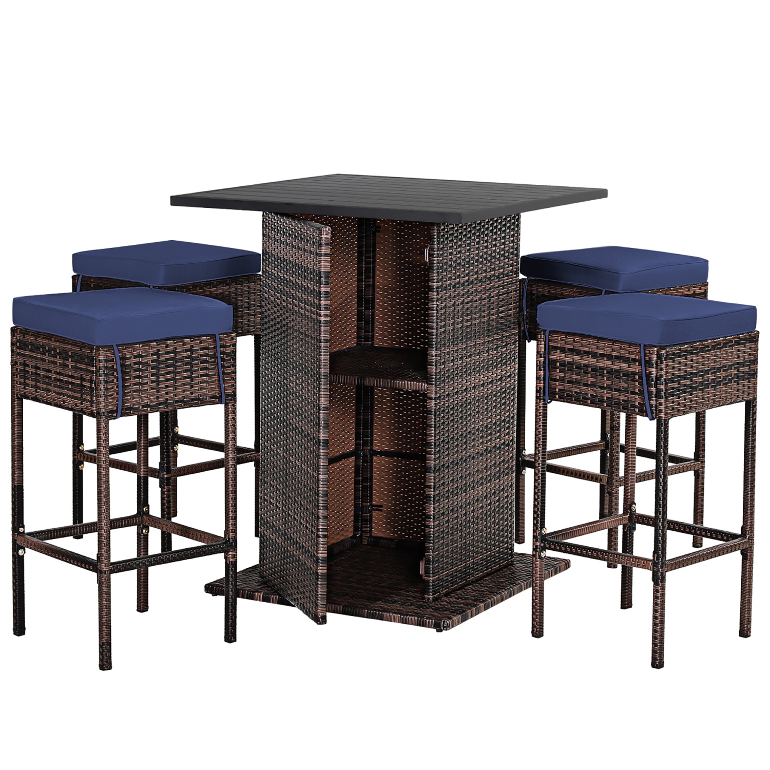 Costway 5PCS Patio Rattan Bar Table Stool Set Hidden Storage Shelf Cushioned