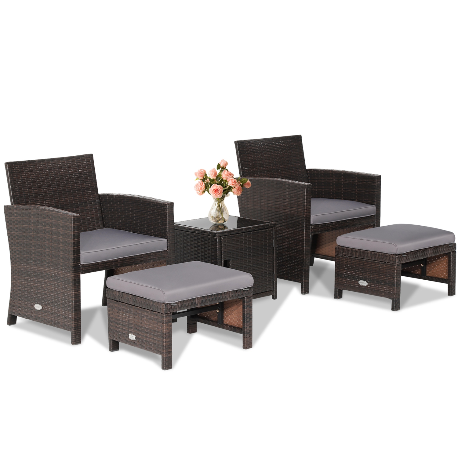 Costway 5PCS Patio Rattan Furniture Set Ottoman Cushioned W/Cover Space Saving Off White/Gray/Red/Turquoise