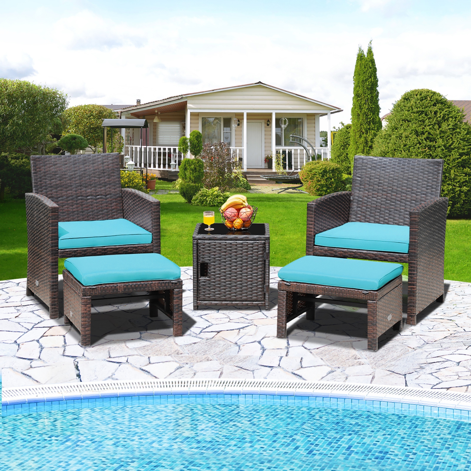 Costway 5PCS Patio Rattan Furniture Set Ottoman Cushioned W/Cover Space Saving