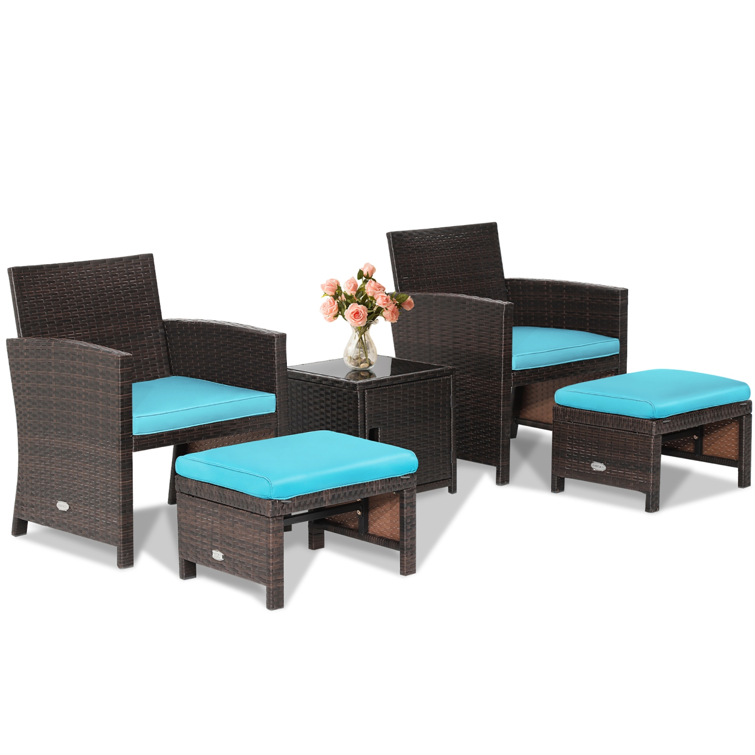 Costway 5PCS Patio Rattan Furniture Set Ottoman Cushioned W/Cover Space Saving
