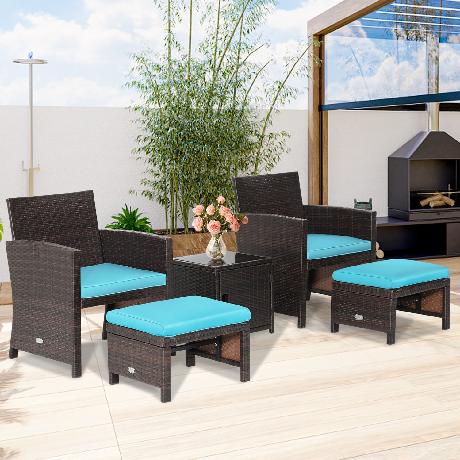 Costway 5PCS Patio Rattan Furniture Set Ottoman Cushioned W/Cover Space Saving