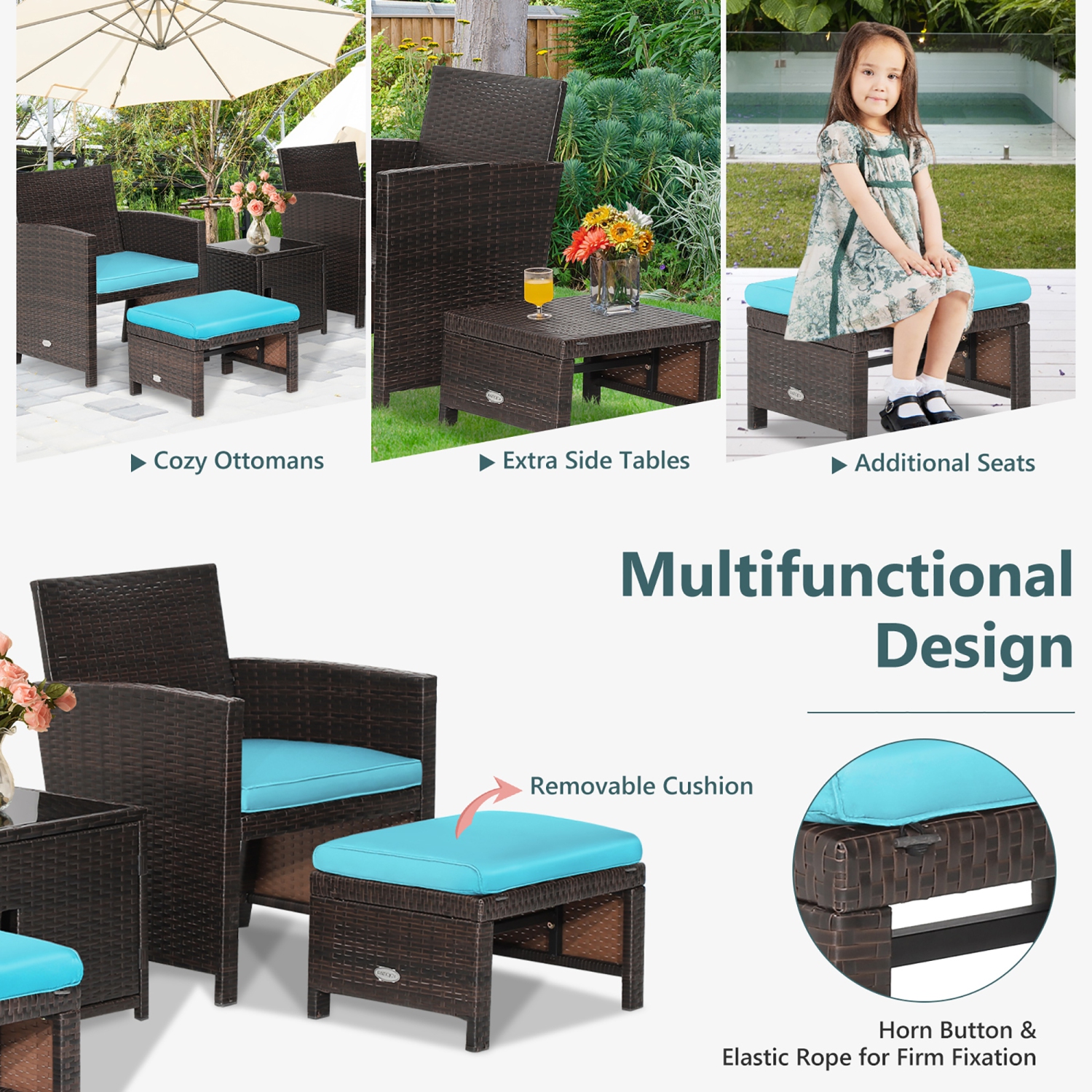 Costway 5PCS Patio Rattan Furniture Set Ottoman Cushioned W/Cover Space Saving
