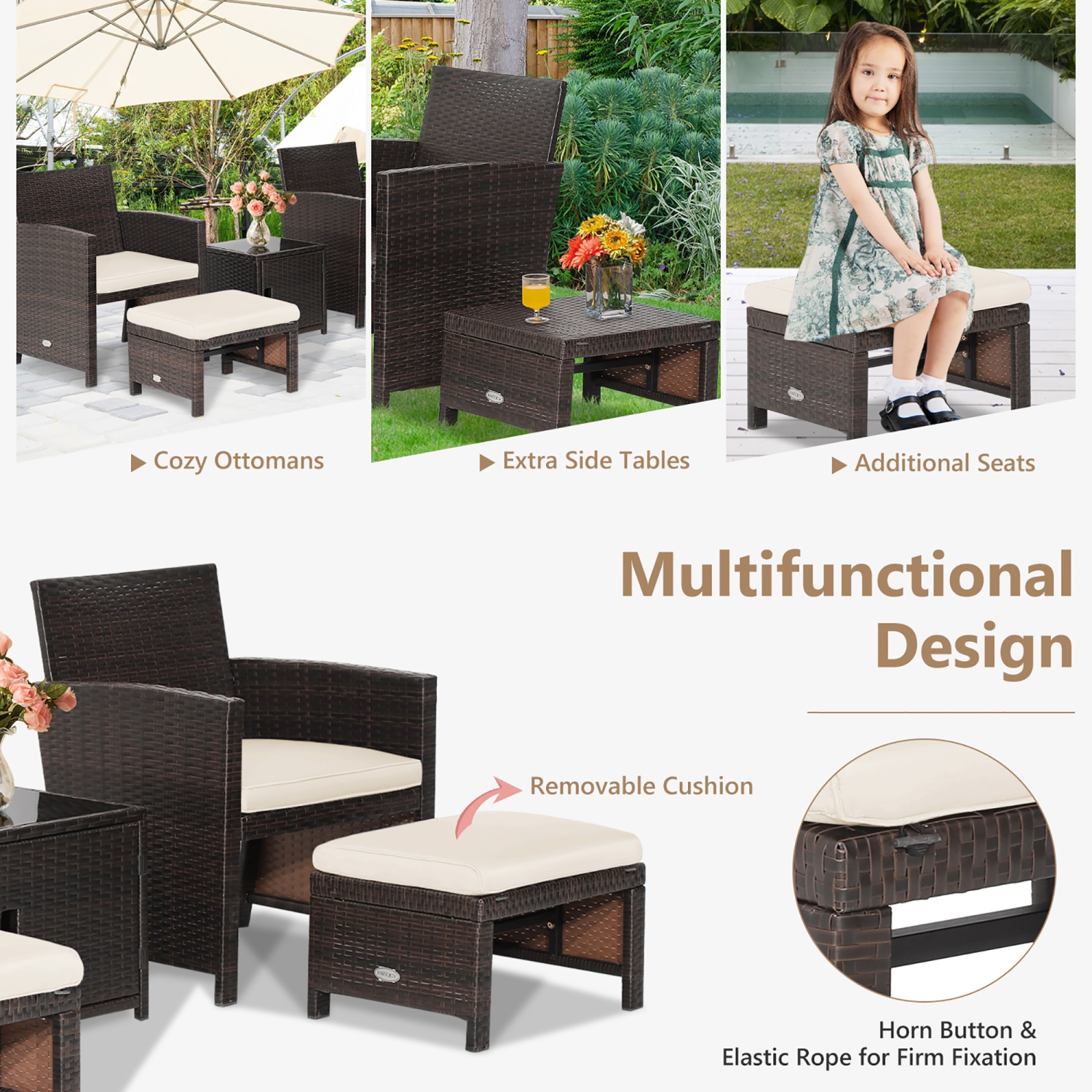 Costway 5PCS Patio Rattan Furniture Set Ottoman Cushioned W/Cover Space Saving
