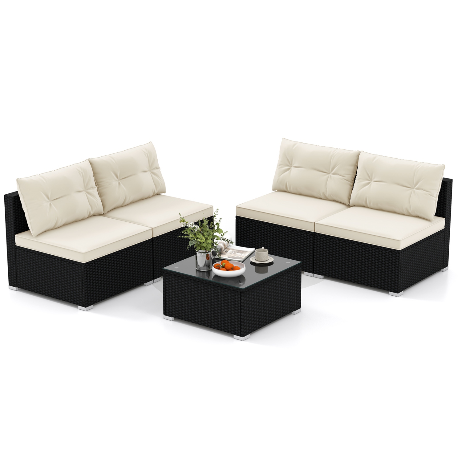 Costway 5 Pieces Outdoor Furniture Set with Seat & Back Cushions Tempered Glass Tabletop