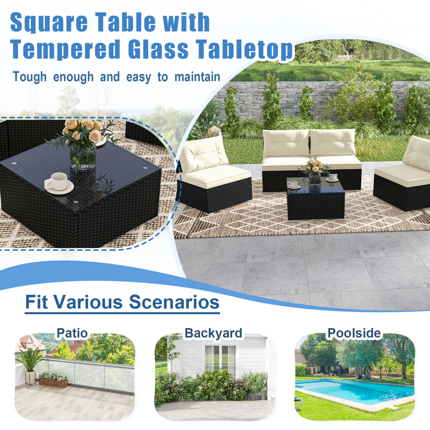 Costway 5 Pieces Outdoor Furniture Set with Seat & Back Cushions Tempered Glass Tabletop