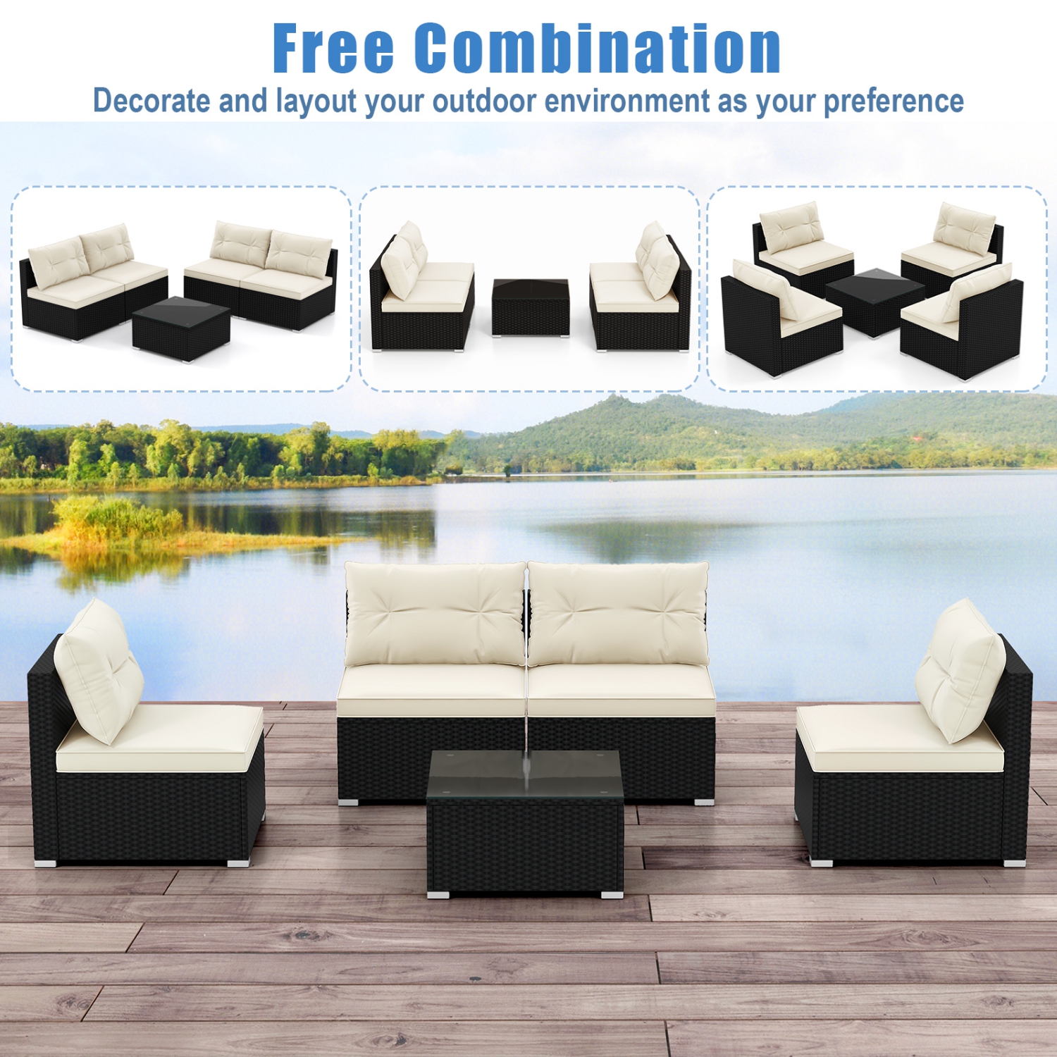 Costway 5 Pieces Outdoor Furniture Set with Seat & Back Cushions Tempered Glass Tabletop