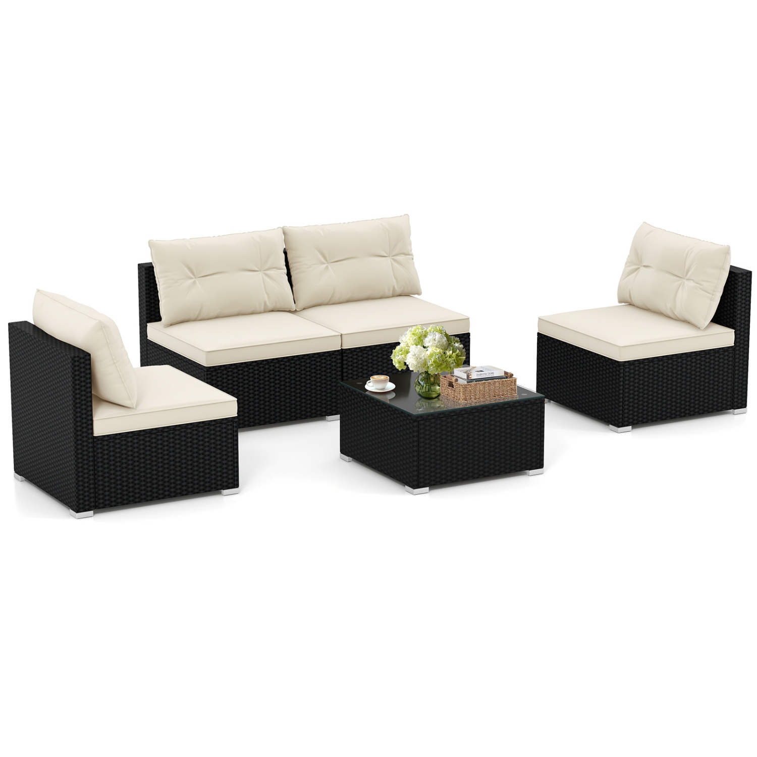 Costway 5 Pieces Outdoor Furniture Set with Seat & Back Cushions Tempered Glass Tabletop