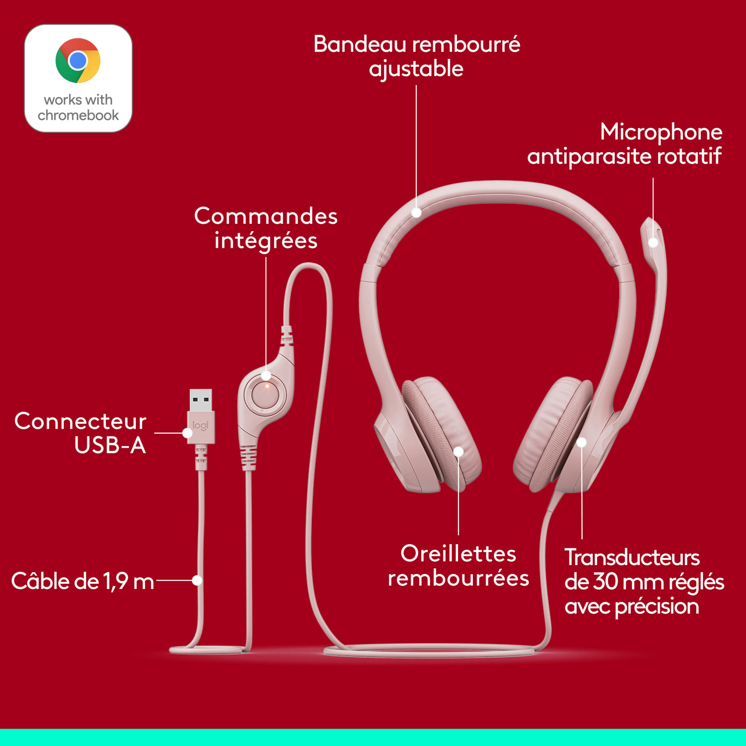 Casque d'écoute avec fil H390 de Logitech avec microphone à suppression du bruit - Rose